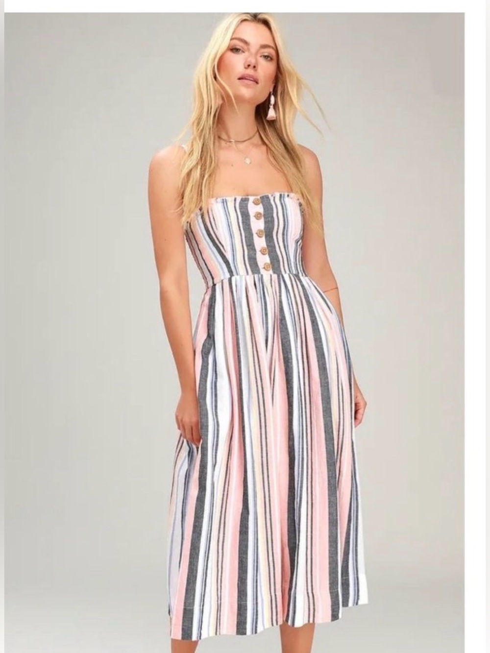 Free People Lilah Multi Striped Pleated Midi Dress Size L